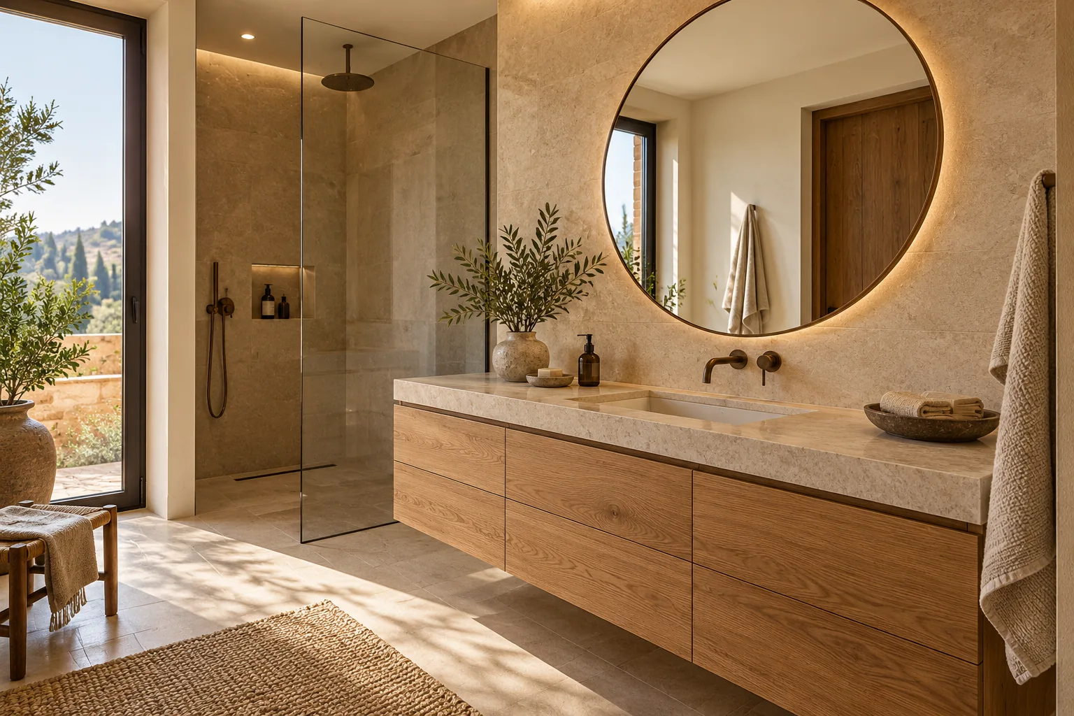 Inspiración: baño sereno con roble y piedra
