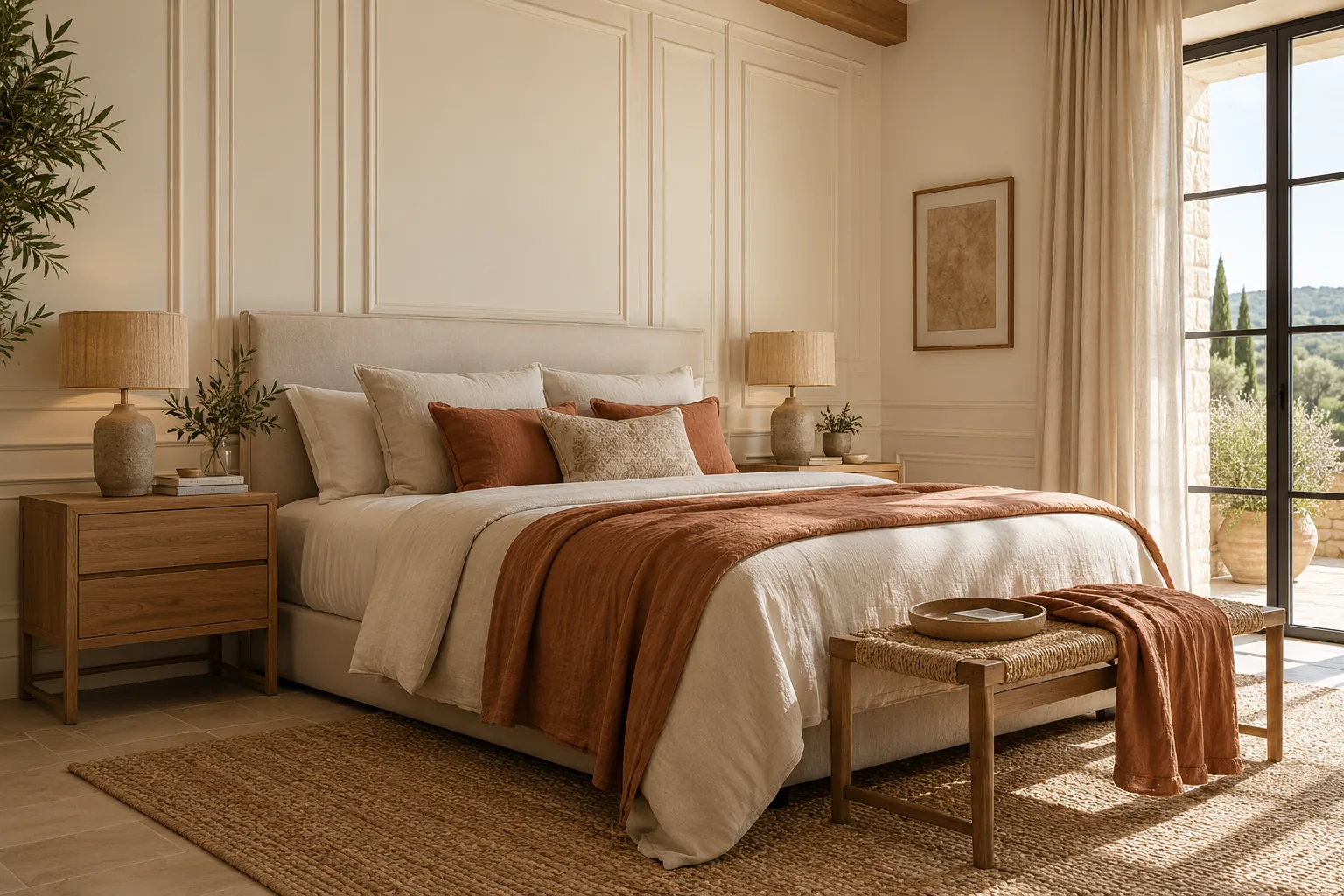 Inspiración: dormitorio cálido con molduras de madera marfil