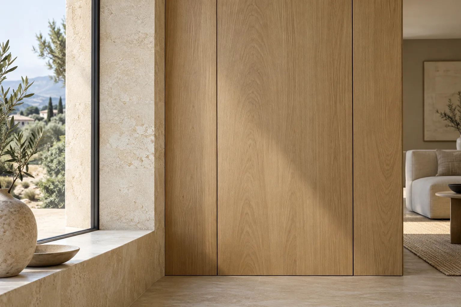 Inspiración: panelado de roble junto a una pared de piedra