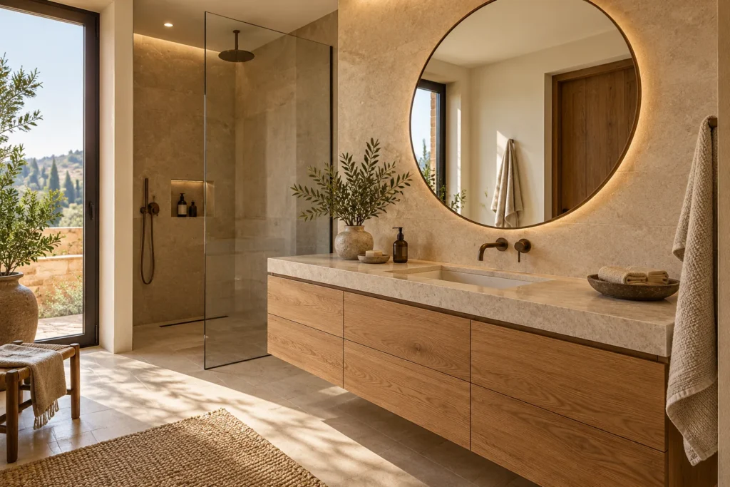Inspiración: baño sereno con roble y piedra