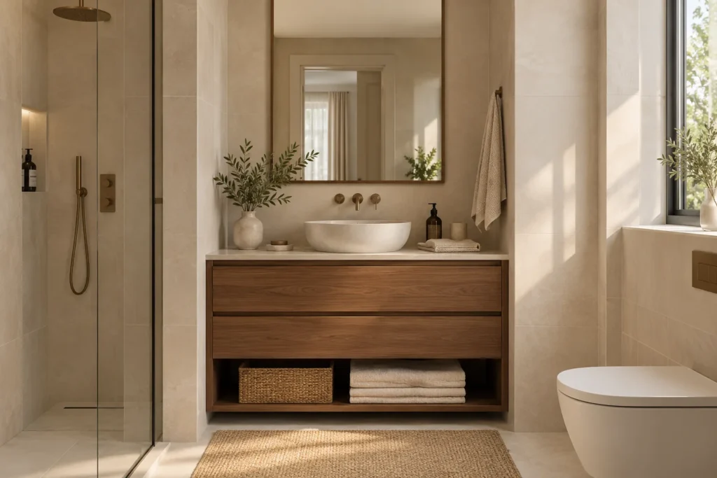 Inspiración: baño elegante con mueble de nogal