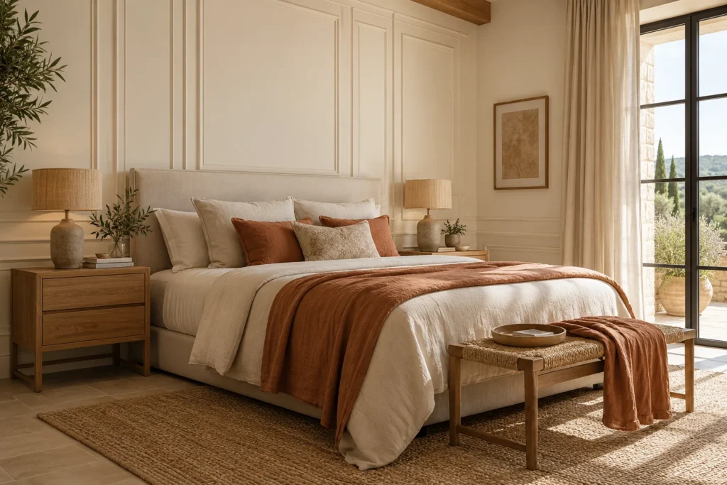 Inspiración: dormitorio cálido con molduras de madera marfil