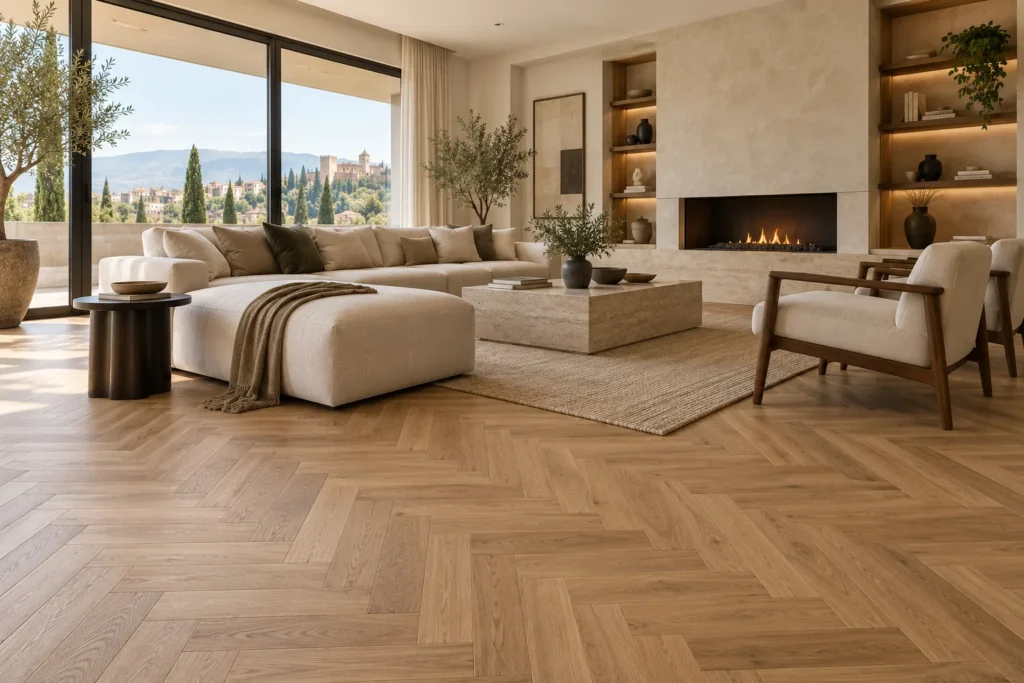 Inspiración: roble natural en espiga, salón luminoso