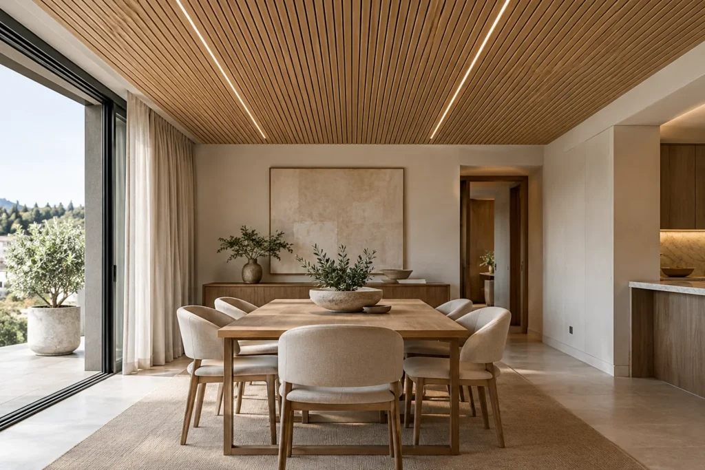 Inspiración: comedor contemporáneo con techo de roble ranurado