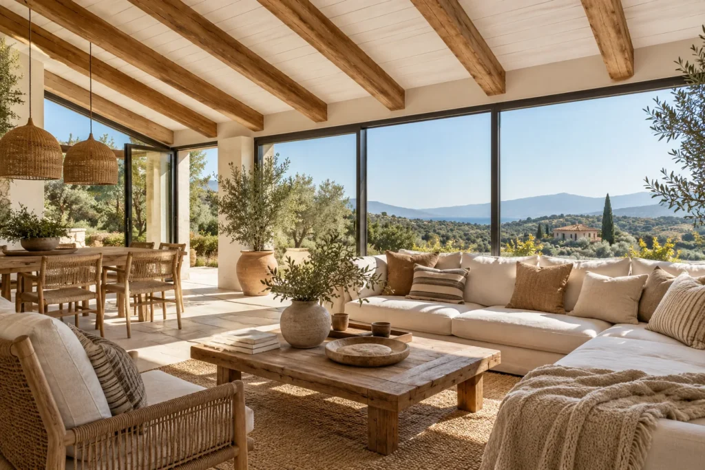 Inspiración: galería mediterránea con vigas de castaño