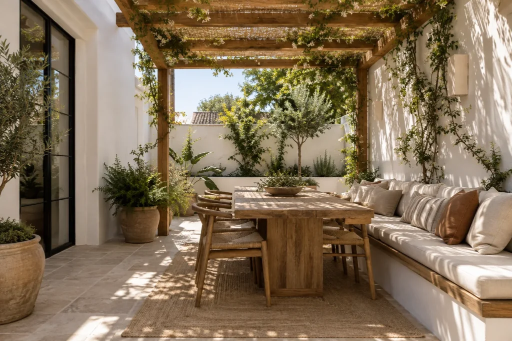 Inspiración: patio blanco con pérgola y vegetación