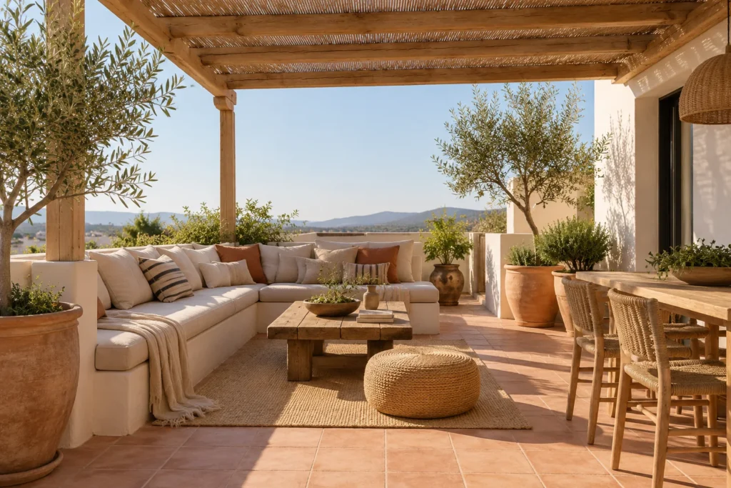 Inspiración: terraza mediterránea con pérgola y olivos