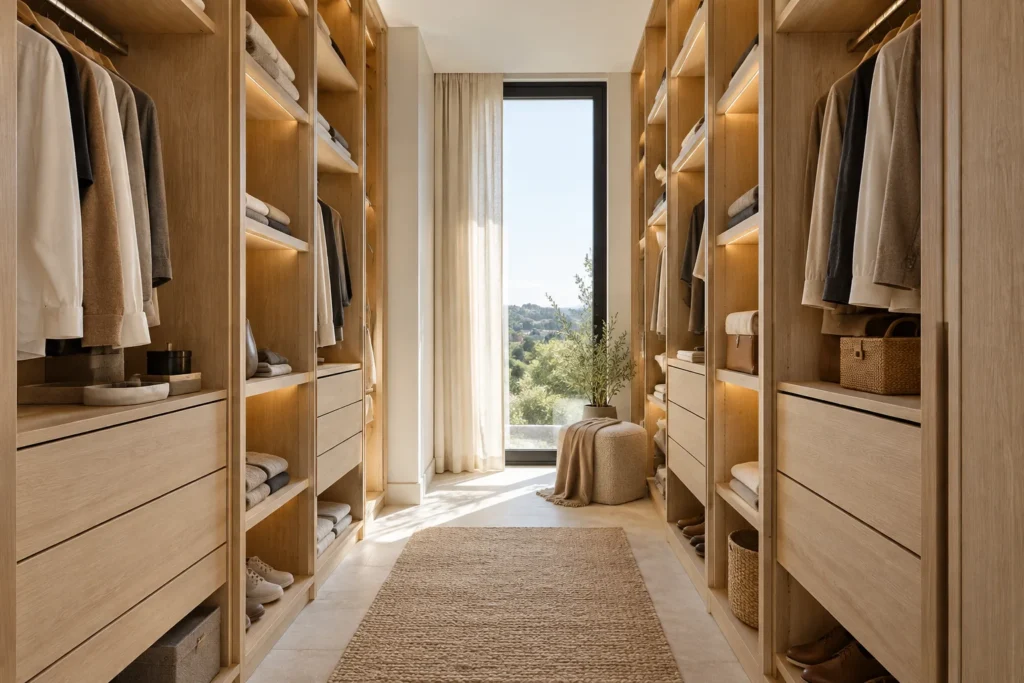 Inspiración: vestidor compacto de roble con luz natural